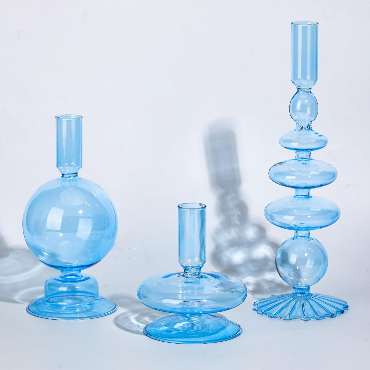 Rtteri 3 Pcs Glass Candlestick Holders Glass Candle Holders Groovy Wavy Elegant Taper Candle Stick for Wedding Home Birthday Party Easter St Patricks Day Decoration Windowsill Decor(Light Blue)