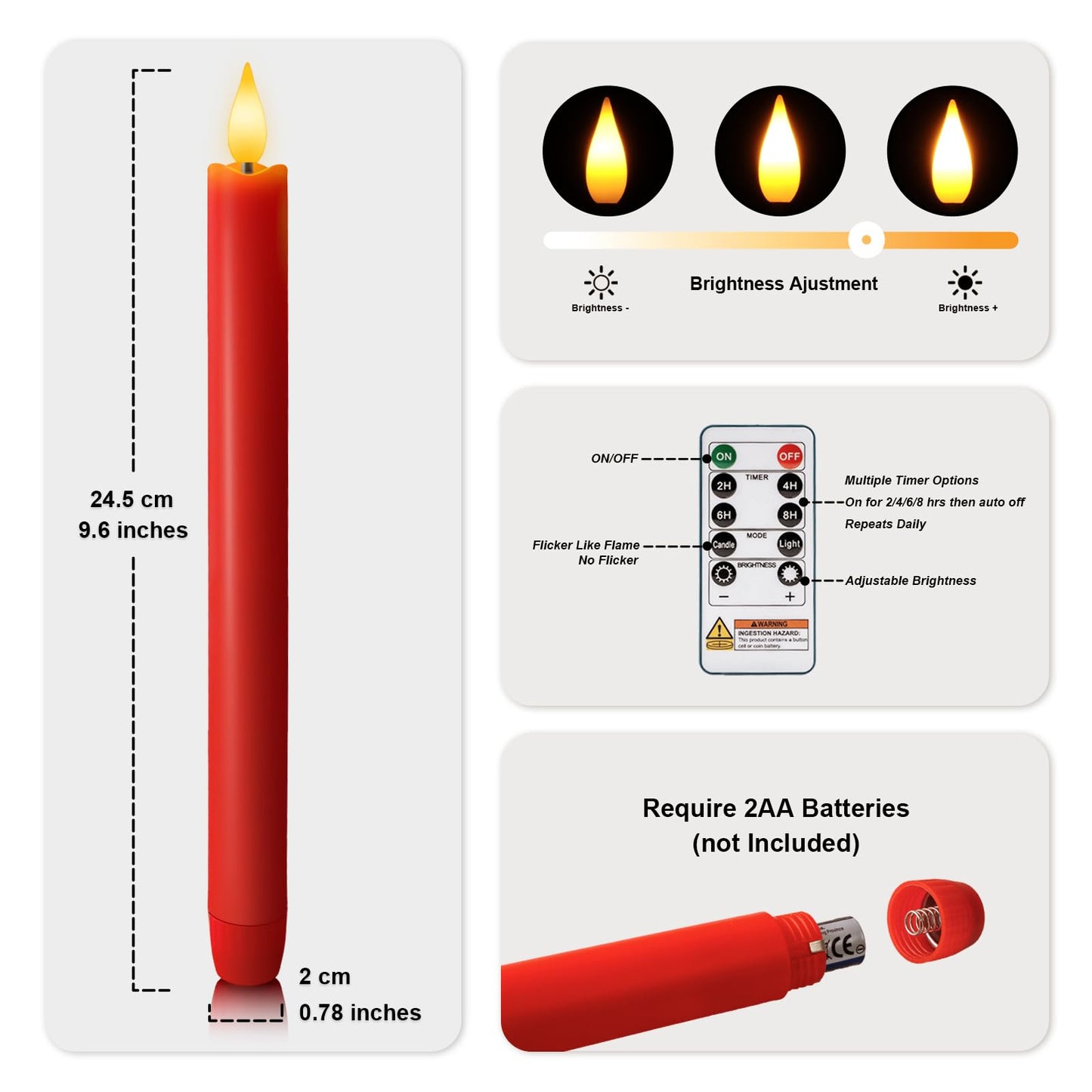 Meigic 6 Pcs Flameless Taper Candles with Remote Timer Dimmer, Red Plastic Led Taper Candles Flickering, 9.6 Inches Battery Operated Candlesticks, for Party Holiday Christmas Decor
