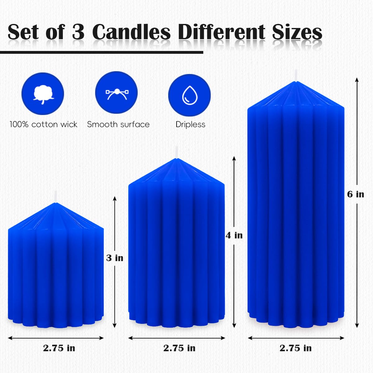 Blue Handmade Decorative Pillar Candles - 2.75×3"/4"/6" Fat Candles - Long Lasting Burning Candles for Home Decor, Gifts & Events