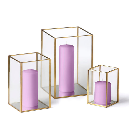 Yummi Set of 36 Slim Pillar Candles & Gold Luxus Lanterns - Violet