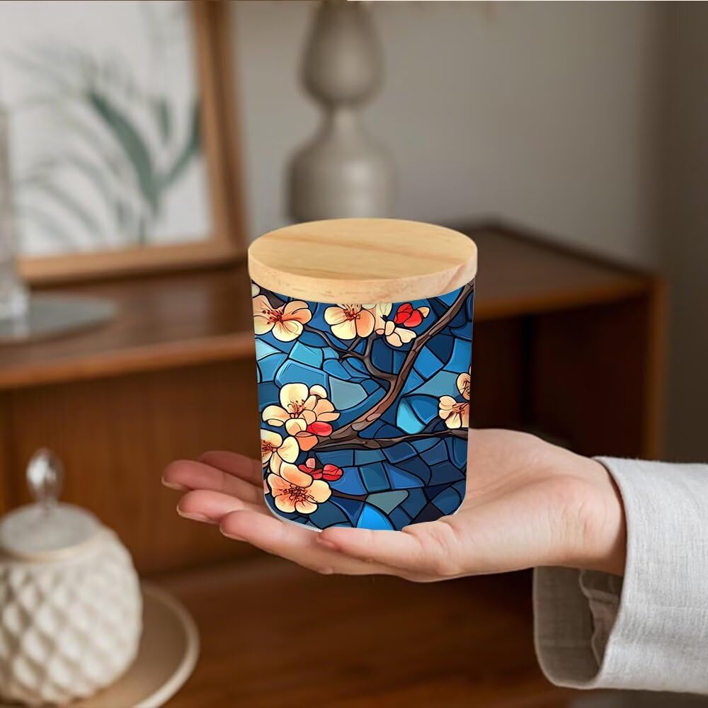 Cardinal Stained Glass Tea Light Holder for Home Decoration, Pink Flower Tealight Candle Holders with Bamboo Lid, Cardinal Bird Votive Candle Jar Memorial Glass Candlesticks - 3.5"x2.8"
