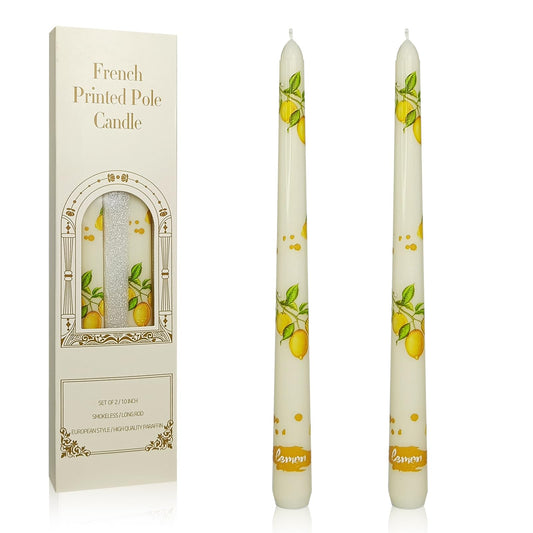 Floral Taper Candles 10 Inch Tall Unscented Handmade Beige Lemon Print Long Burning Elegant Candlesticks for Wedding Dinner Home Decor