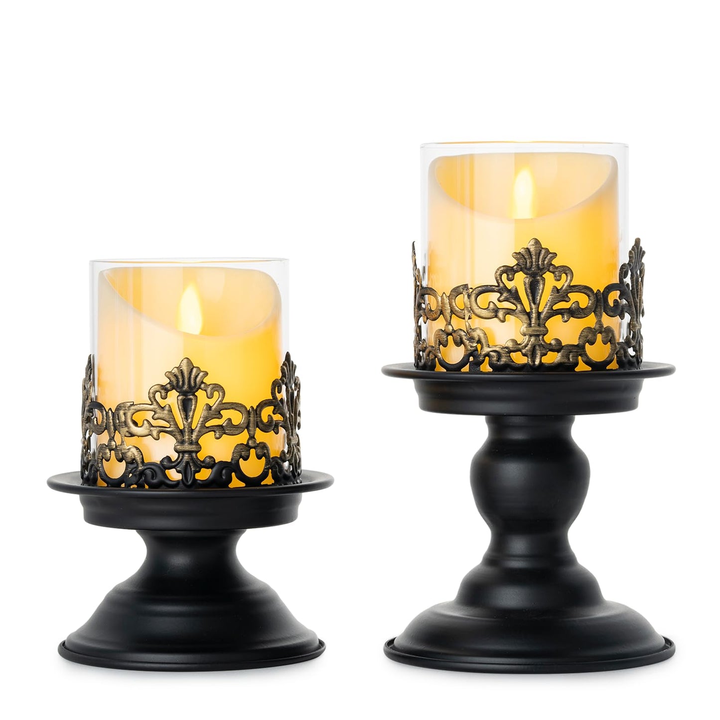 Woparty Gothic Hurricane Candle Holders, Black Metal with Glass Sleeve, Set of 2 Decorative Pillar Holders, 5.9 and 7.9 Inch Height, 4 Inch Diameter