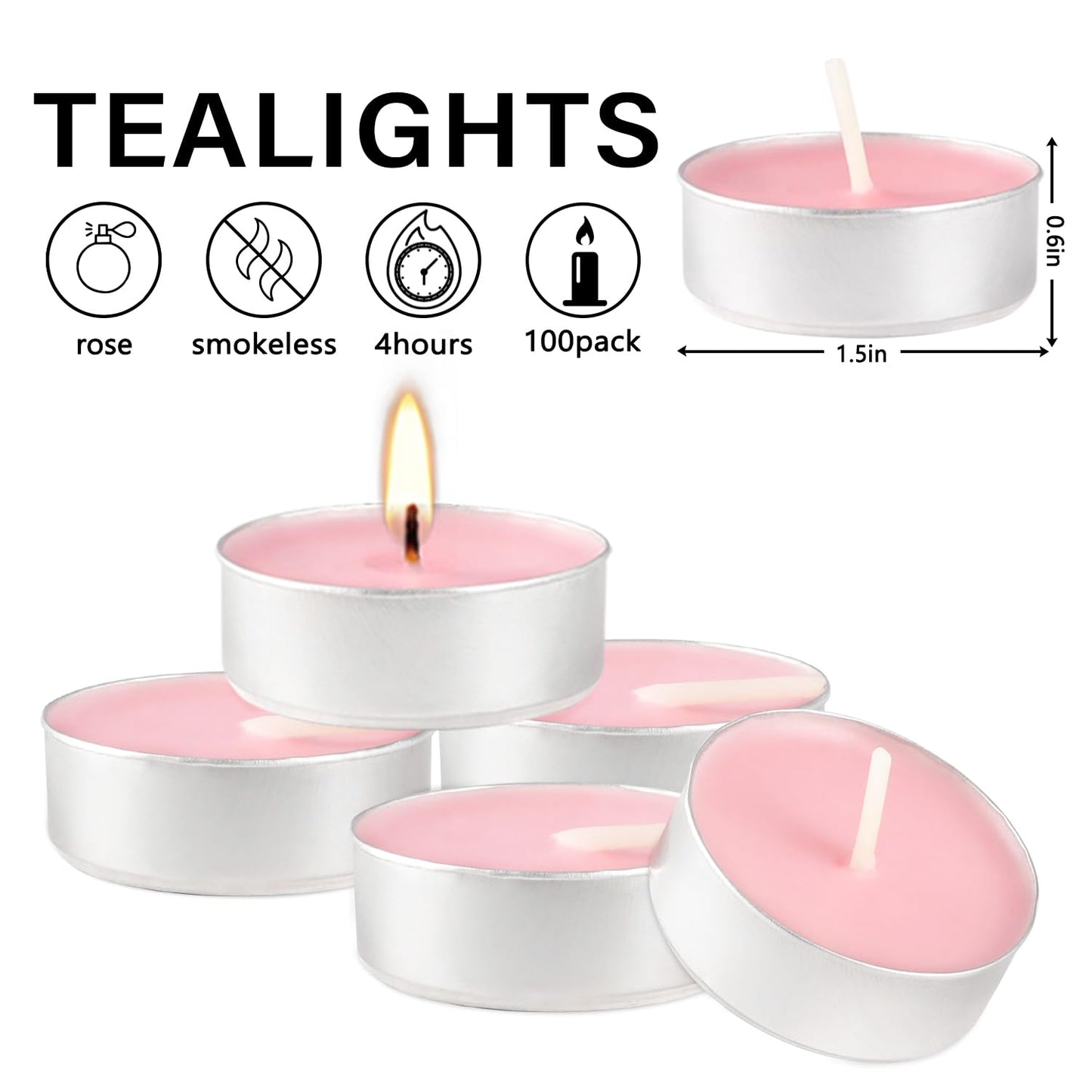 Pink Rose Scented Tealight Candles -Giant 100 Pack Votive Candles Bulk - Smokeless Tea Light Candle Gift Set for Valentine's Day,Holiday, Wedding and Home - 4 Hour
