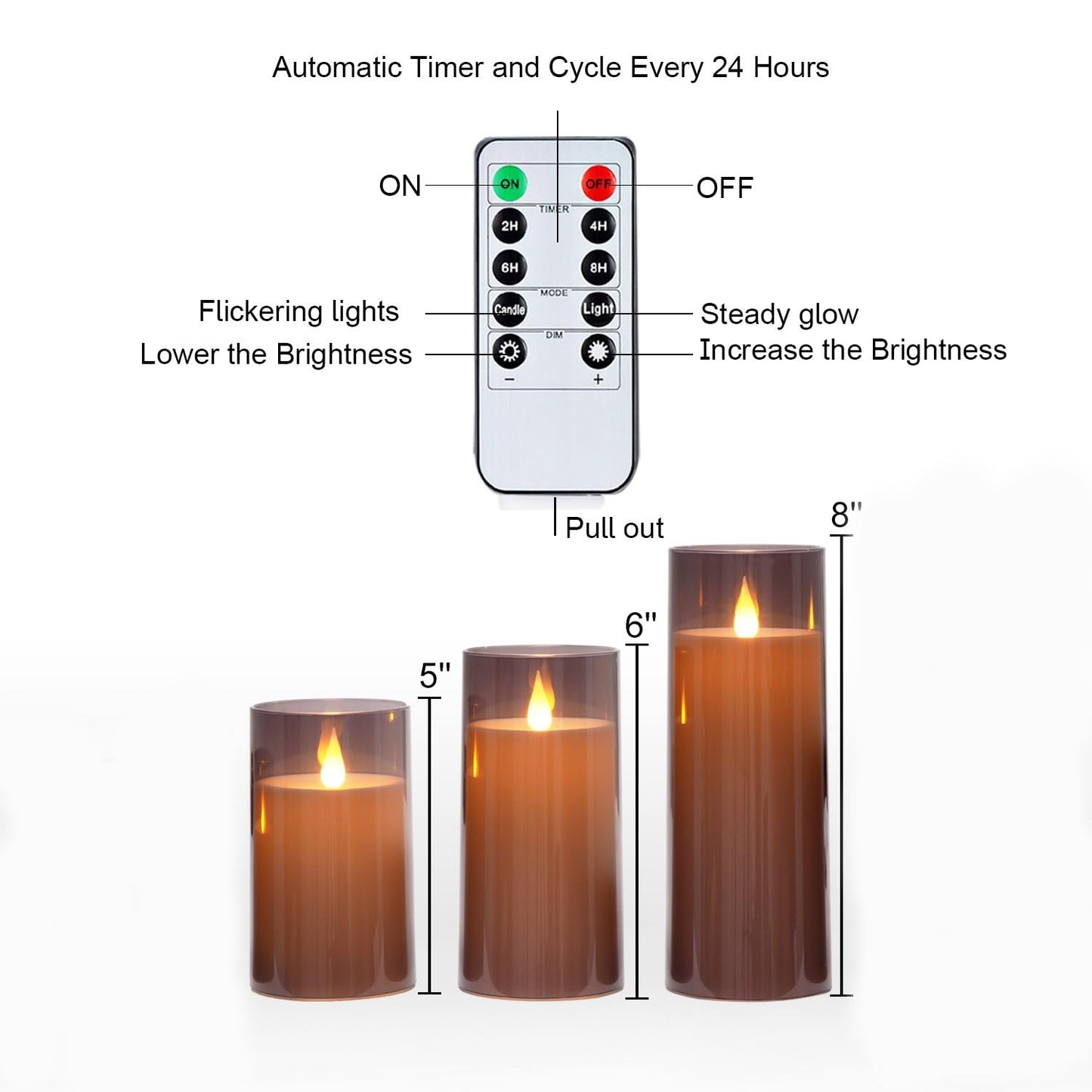 Homemory Gray Flickering Flameless Candles, Battery Operated Acrylic LED Pillar Candles with Remote Control and Timer, Halloween Decor, Set of 9