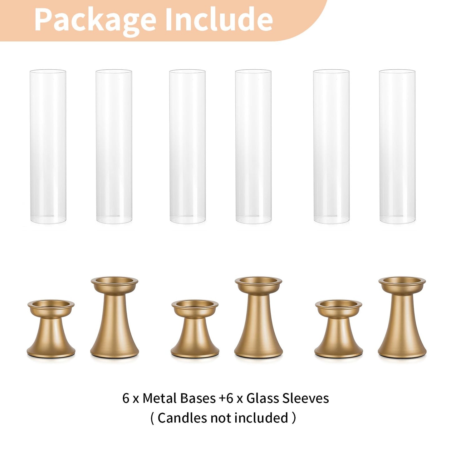 NUPTIO Gold Candlestick Holder for Centerpiece: Set of 6 Hurricane Taper Candle Holders with Glass Cylinder Sleeve - Bulk Brass Candles Stand for Thanksgiving Christmas Holiday Party Decor
