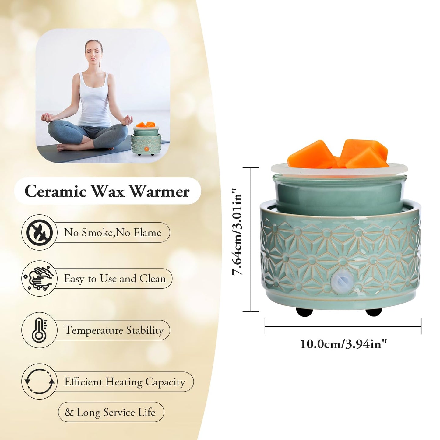 ASAWASA Wax Melt Warmer with 1 pc Silicone Dish,3-in-1 Ceramic Wax Melter Burner for Kitchen Home Spa Yoga Gift (Cyan Hexagon Pattern)