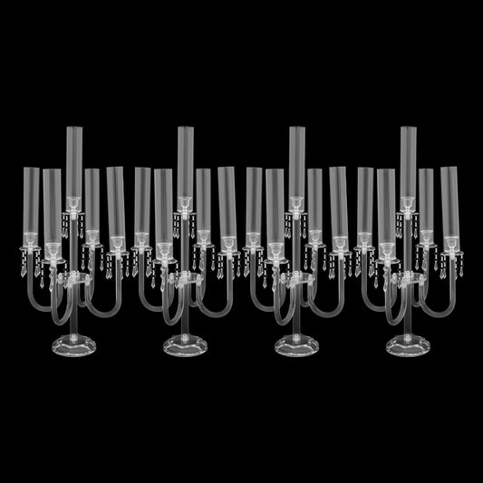 4 Pcs Acrylic Candelabra Centerpieces with Crystal Beaded, 5 Arm Clear Crystal Candlesticks Holder for Wedding, Candelabra Centerpiece Stands with Removable Lampshade for Party