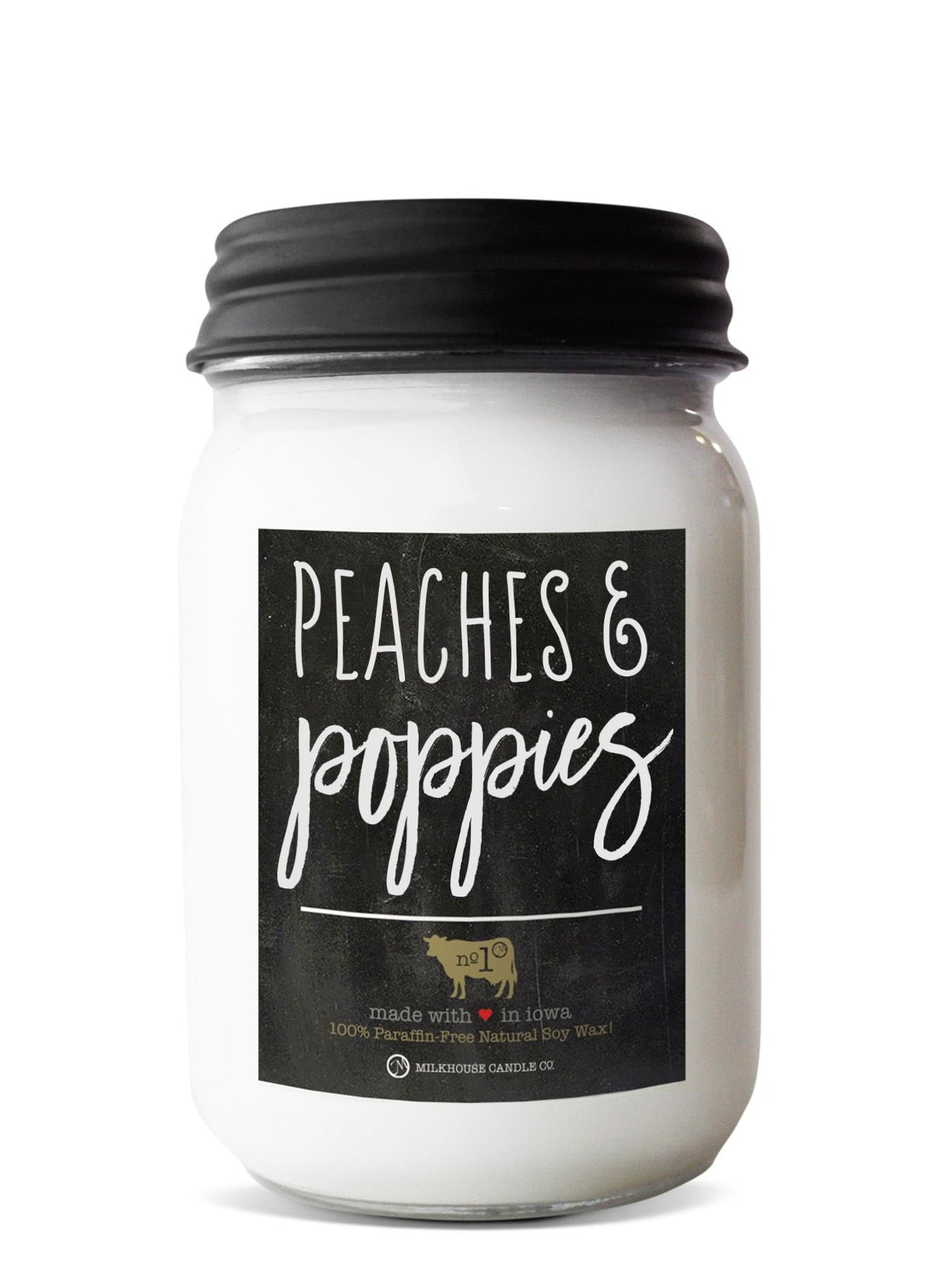 Milkhouse Candle Company Peaches & Poppies Soy Candle - Ripe Peaches | Wild Poppies | Vanilla Bean Scented - 13 oz Mason Jar with Lid, 70+ Hour Burn Time, Made in the USA