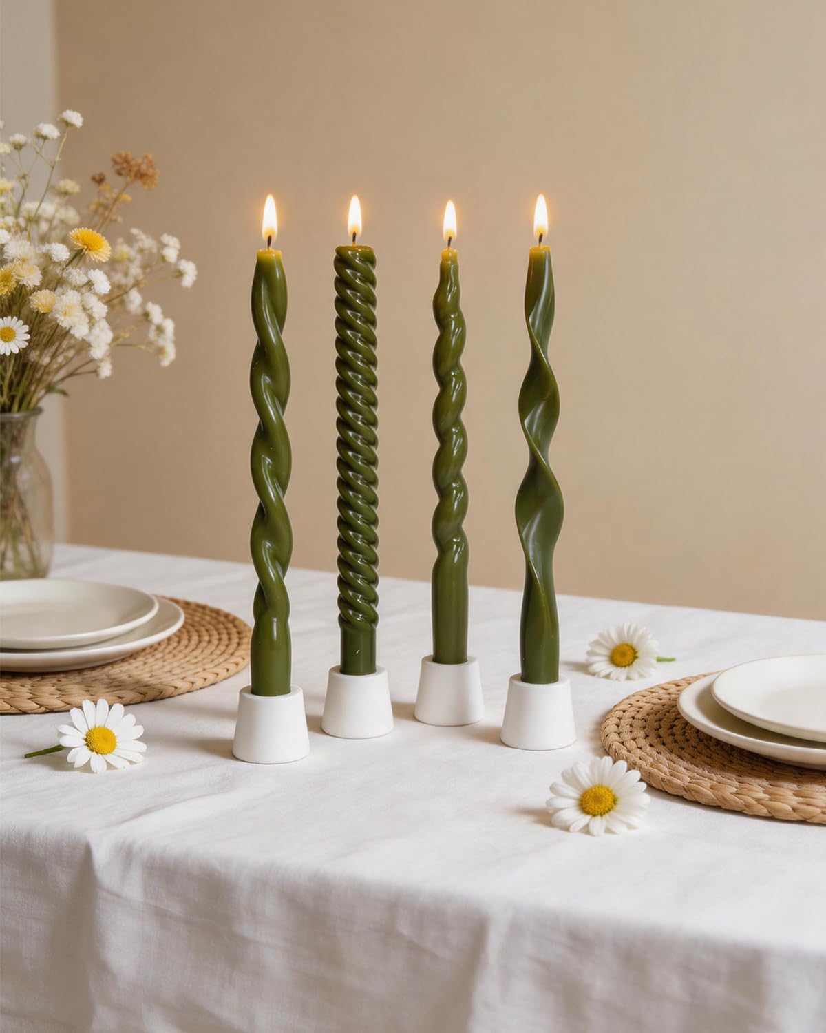10 Inch Olive Taper Candles-Green Tapered Candle Smokeless Unscented Candlestick Long Slow Burning 8 Hours Tall Sticks for Christmas Wedding Dinner Parties-4Pack