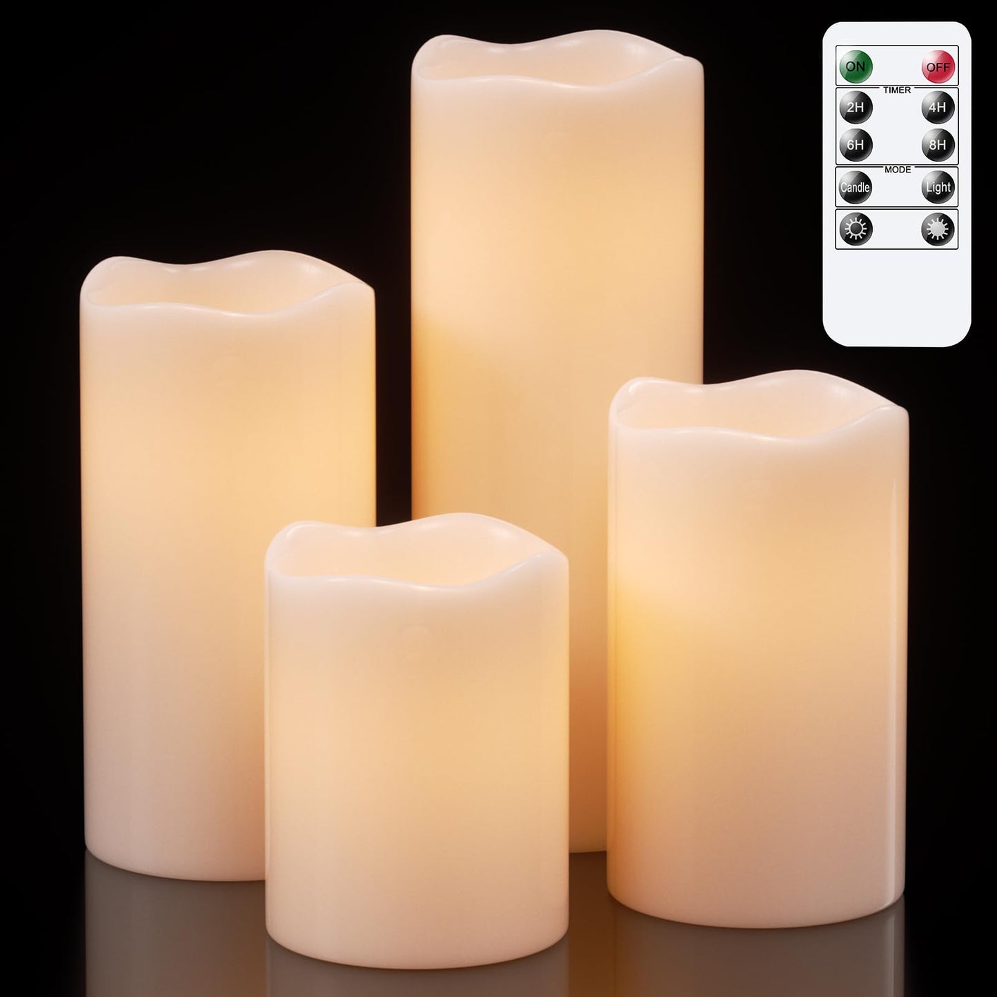 Eldnacele Waterproof Flameless Flickering Candles with Remote and Timer, Battery Operated LED Pillar Candles Indoor Outdoor White Plastic Candle Pack of 4 Wedding Dinner Home Decor, D3 x H4 5" 6" 8"