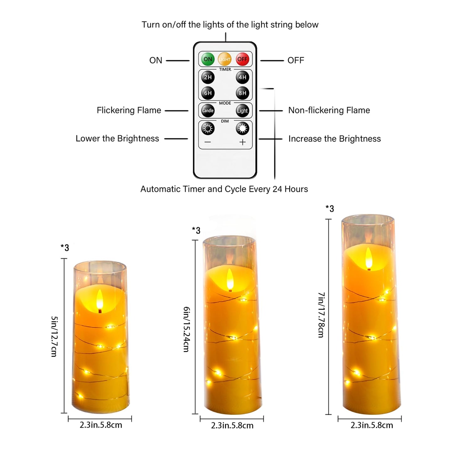 Eebuss Flameless Candles with Embedded Star String, Battery Operated LED Pillar Candles with Timer and Remote Control,Home Decorating for Ambiance， Set of 9 (Gold)