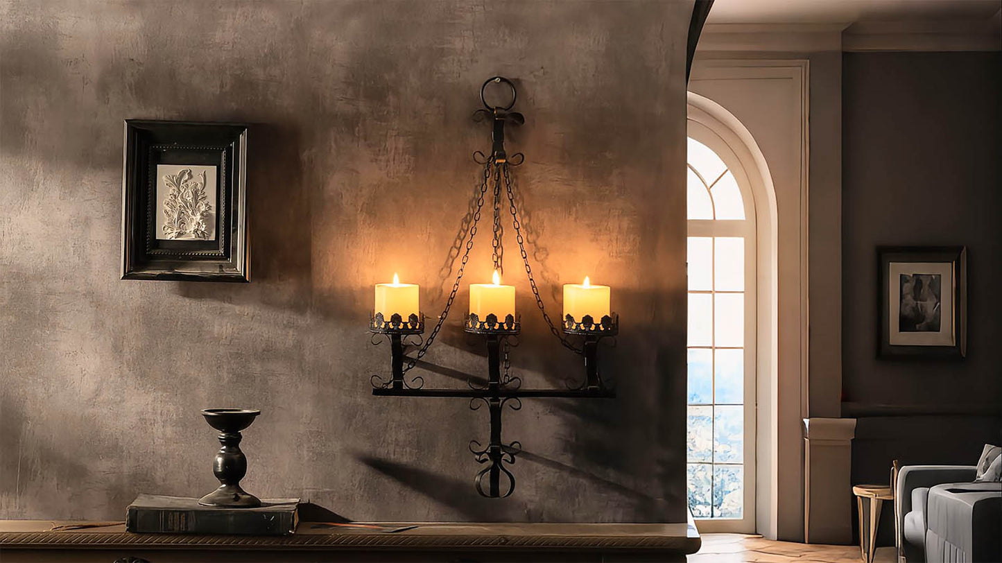 Black Wall Candle Sconces,3 Iron Candelabra,Gothic Victorian Decor,Rustic wall Candle Holder for Bathroom,Living Room,Dining Room Indoor Outdoor Use