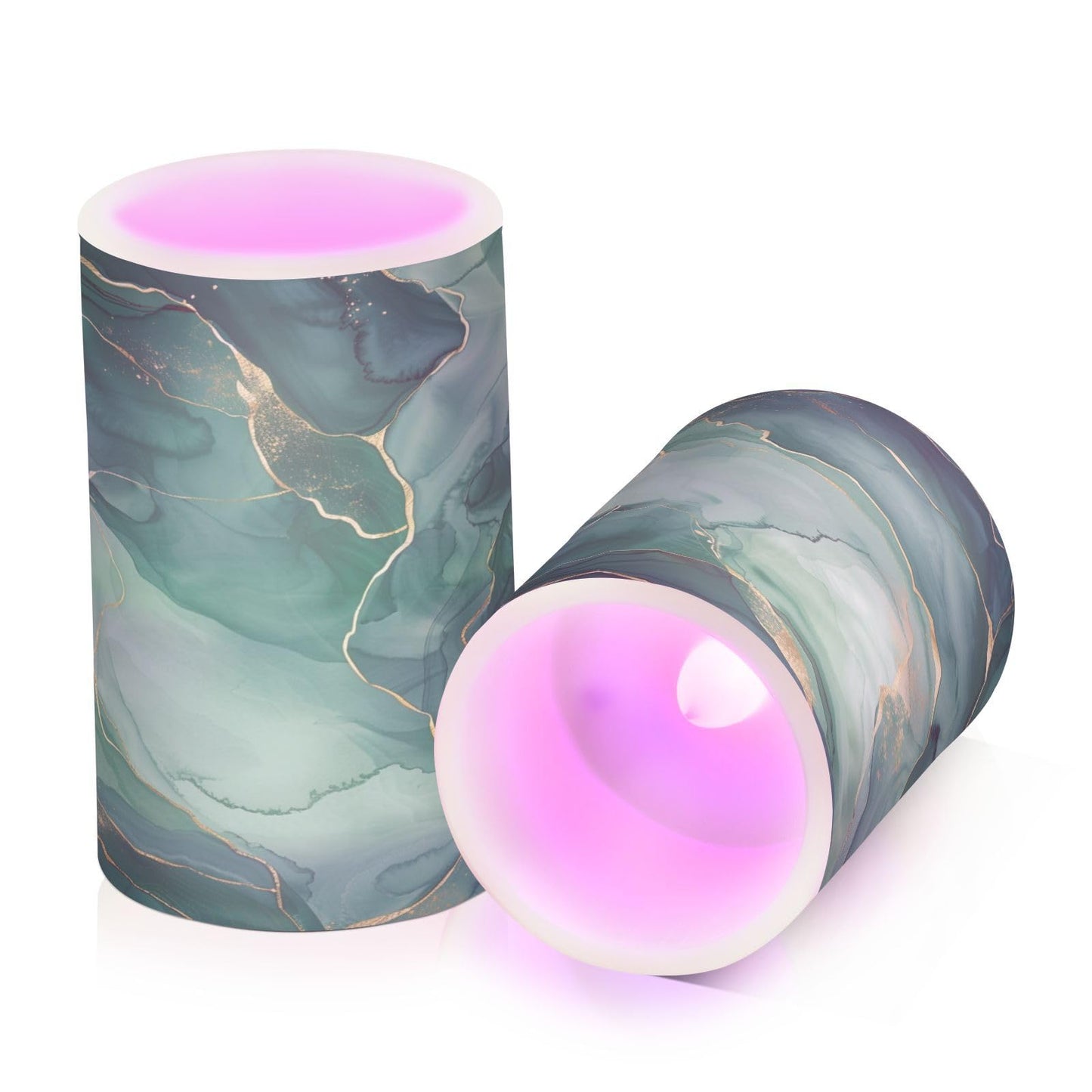 senya Lights Flameless Candles Green Marble Texture Pillar Candles Set of 2 Battery Operated Remote Control Warm Lights Home Decor