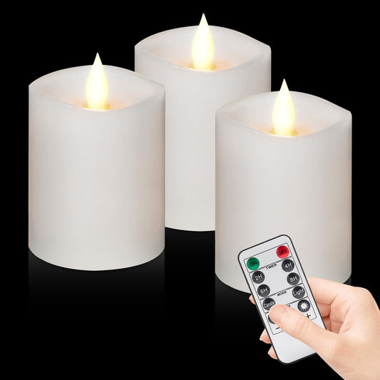 "3"x4" Flickering Flameless Candles with Remote Timer- Set of 3 Real Wax White Pillar LED Candles for Indoor/Outdoor Fireplace & Home Decor, Battery Operated with 600+ Hours Flickering (3" Diameter)