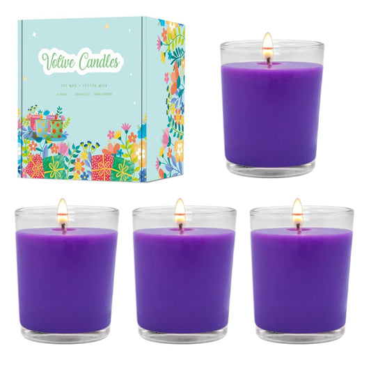 4 Pack Purple Lavender Scented Votive Candles in Clear Glass, Small 2.0 Inch Natural Soy Wax Stress Relief Colored Candles for Home Party Table Spa Holiday Decoration