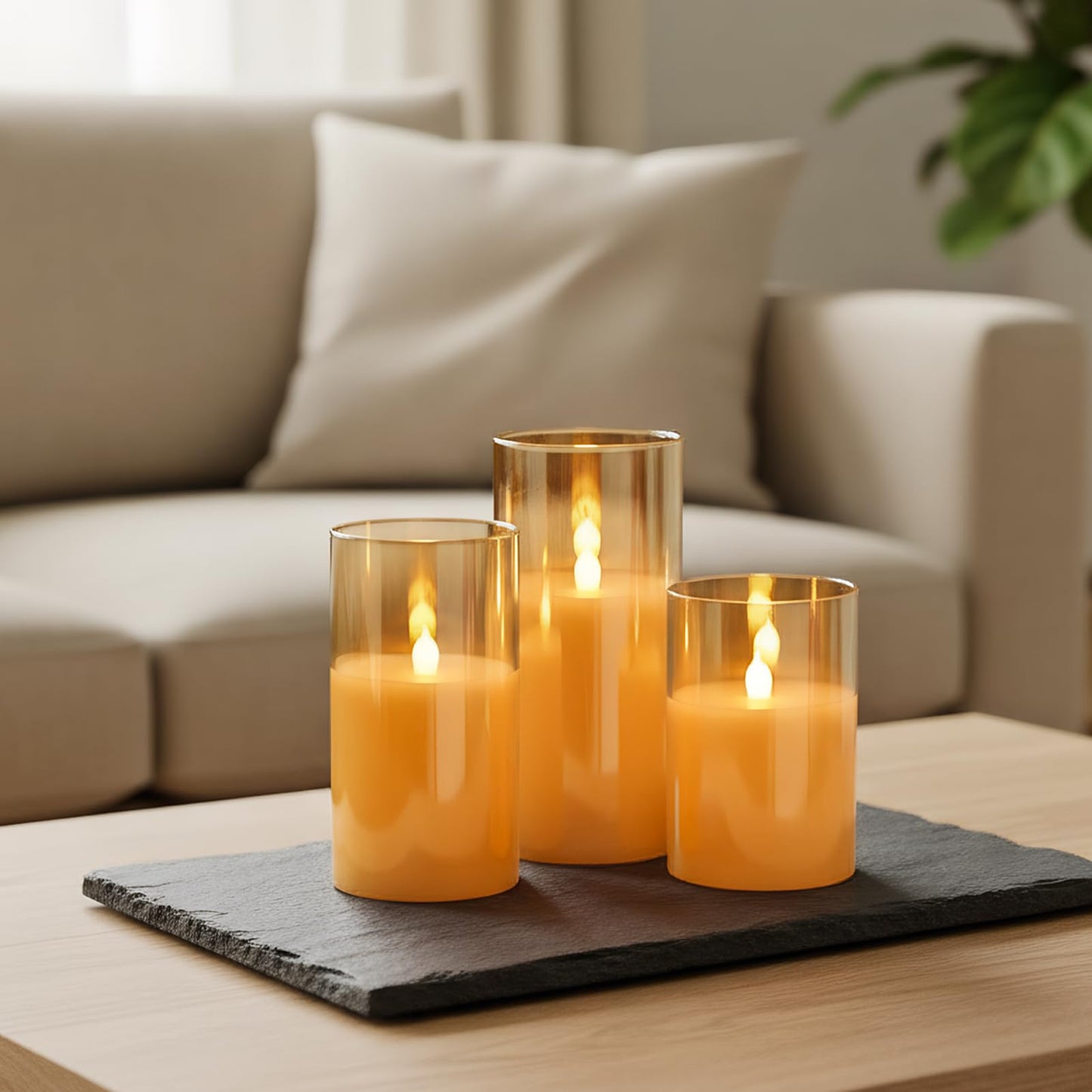 GenSwin Gold Glass Battery Operated Flameless Led Candles with 10-Key Remote and Timer, Real Wax Candles Warm White Flickering Light for Home Decoration(Set of 3)