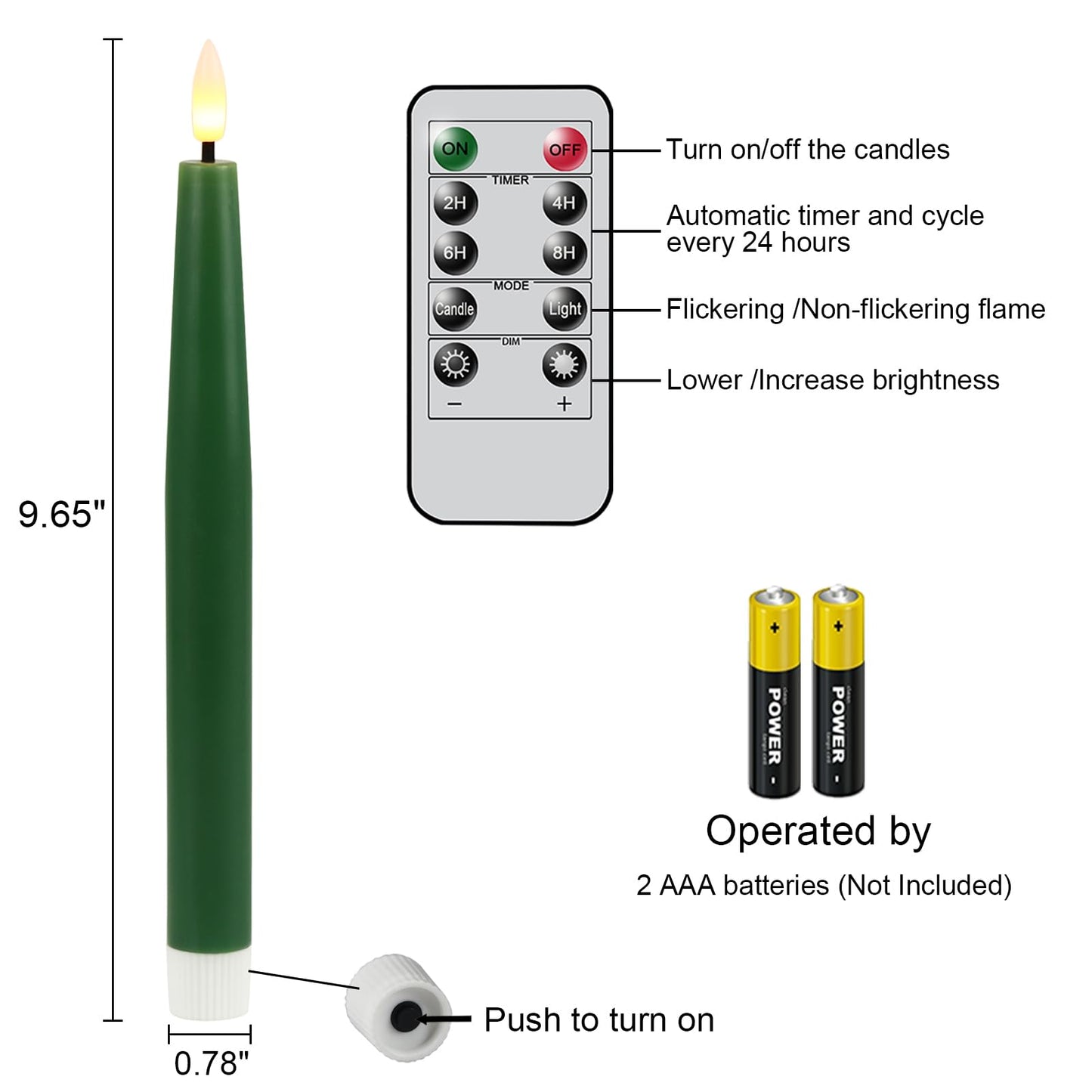 GenSwin Flameless Taper Candles with Remote Timer, Real Wax LED Flickering Candlesticks Battery Operated 3D Wick for Wedding, Party, Home(Christmas Green, 9.84", Set of 3)