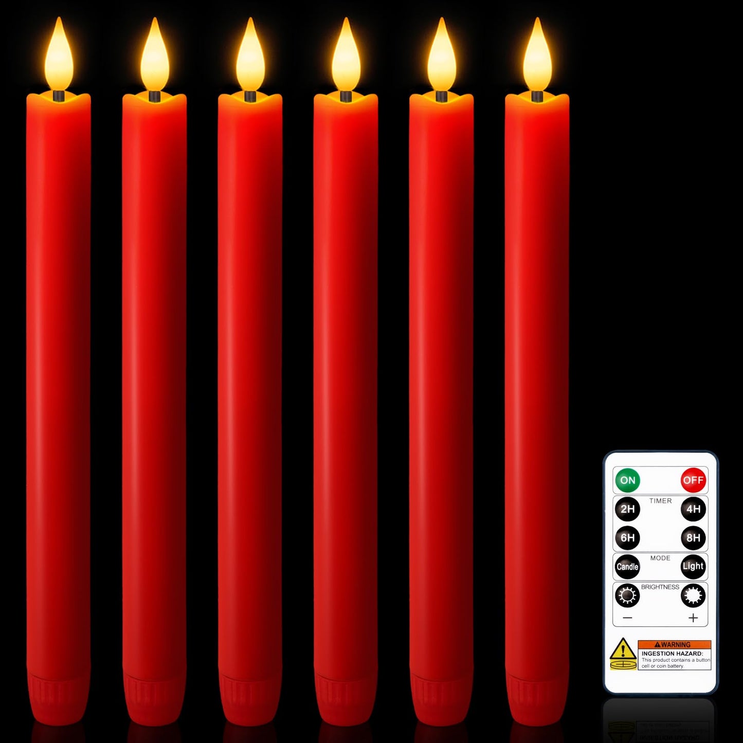 Meigic 6 Pcs Flameless Taper Candles with Remote Timer Dimmer, Red Plastic Led Taper Candles Flickering, 9.6 Inches Battery Operated Candlesticks, for Party Holiday Christmas Decor