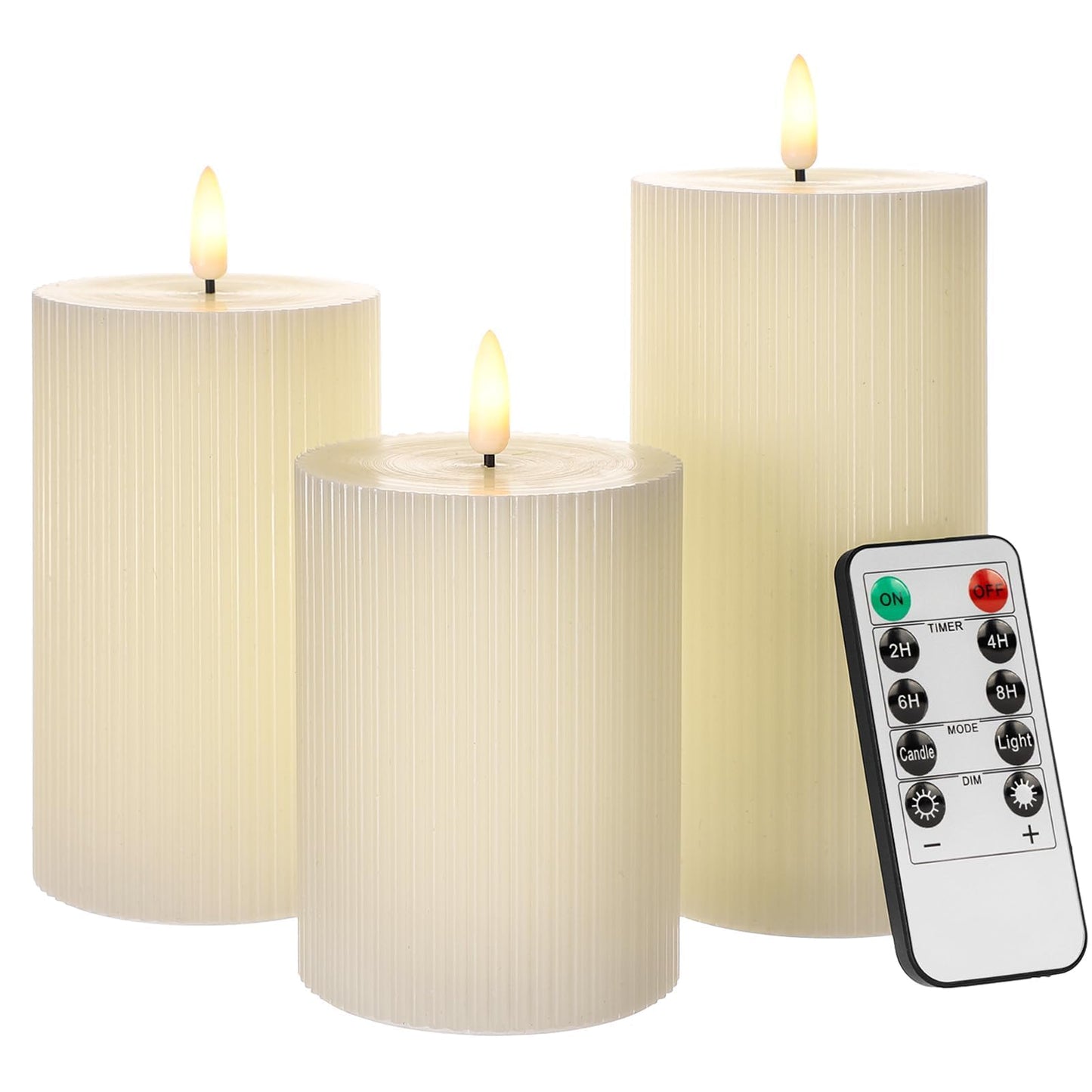 ANGELLOONG Ribbed Flameless Pillar Candles with Remote, Set of 3 Ivory Real Wax LED Candles Battery Operated with 2/4/6/8H Timer for Home Decor, Bathroom, Living Room