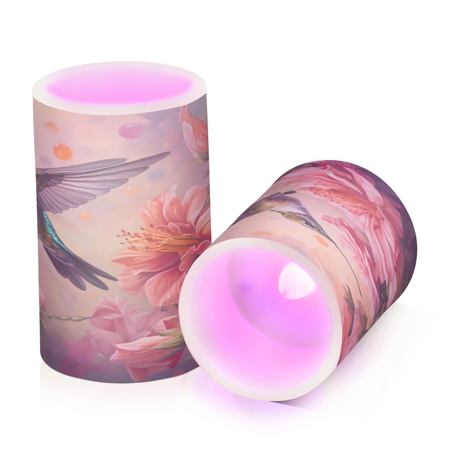 senya Lights Flameless Candles Spring Pink Flower Hummingbird Pillar Candles Set of 2 Battery Operated Remote Control Warm Lights Home Decor