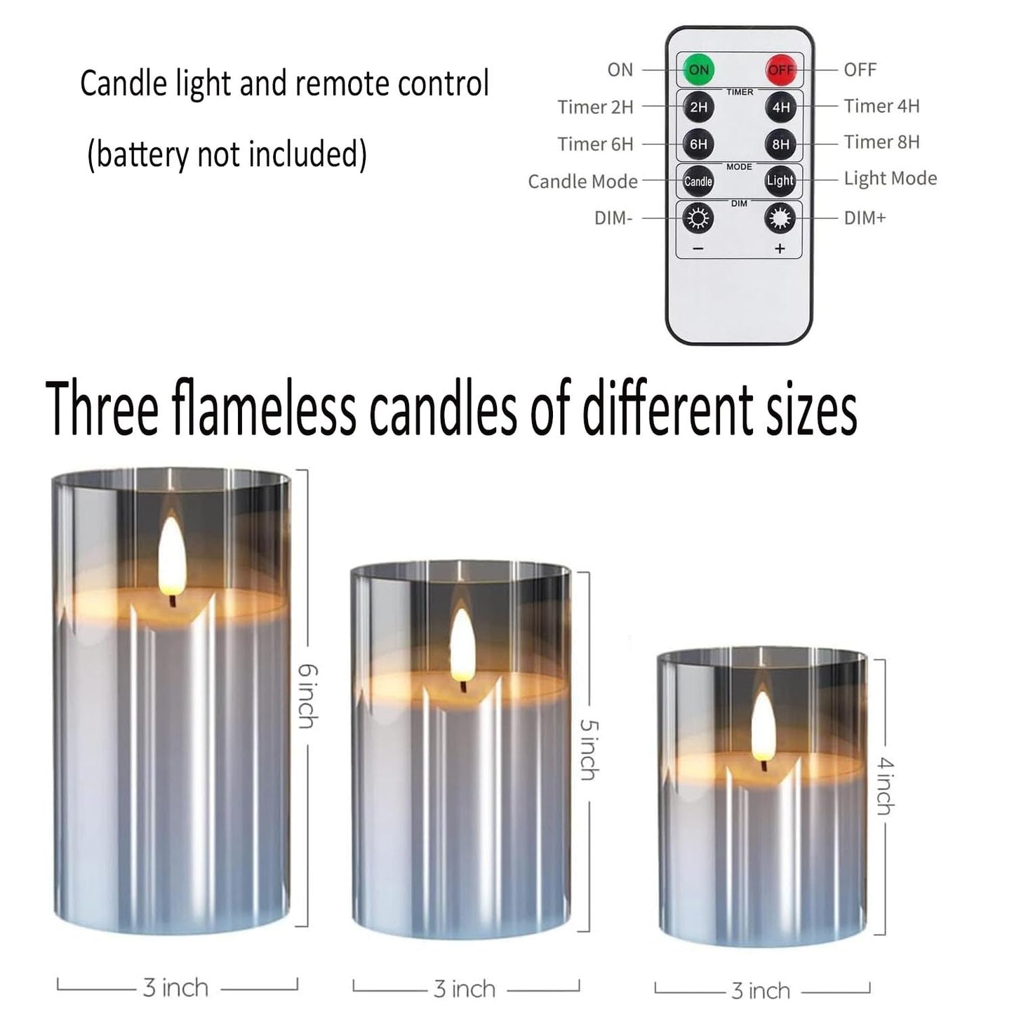 GPTMCZL Remotely Glass Battery Operated Candles, Grey Led Flameless Candles, with Remote and Timer Realistic Operation of LED Candle Light, Used for Party, Wedding, Festival Decoration(Pack of 3)