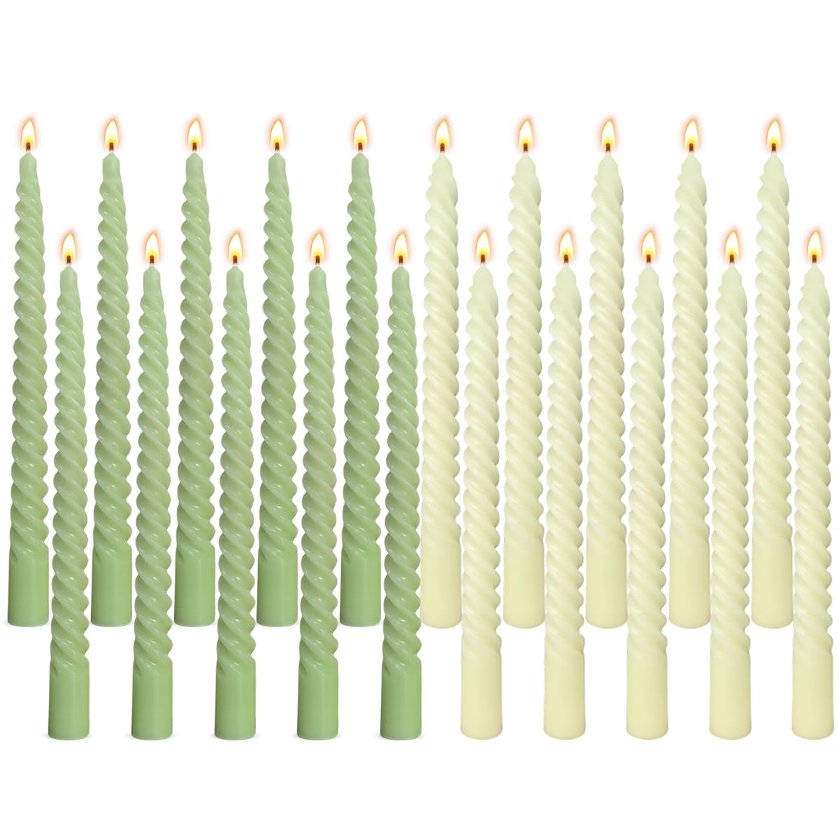10 Pack Ivory and 10 Pack Sage Green Spiral Taper Candles for Home Decor, 10 Inch Unscented Dripless Twisted Candlesticks for Weddings Dinner Holiday Decoration Formal Events