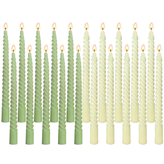 10 Pack Ivory and 10 Pack Sage Green Spiral Taper Candles for Home Decor, 10 Inch Unscented Dripless Twisted Candlesticks for Weddings Dinner Holiday Decoration Formal Events