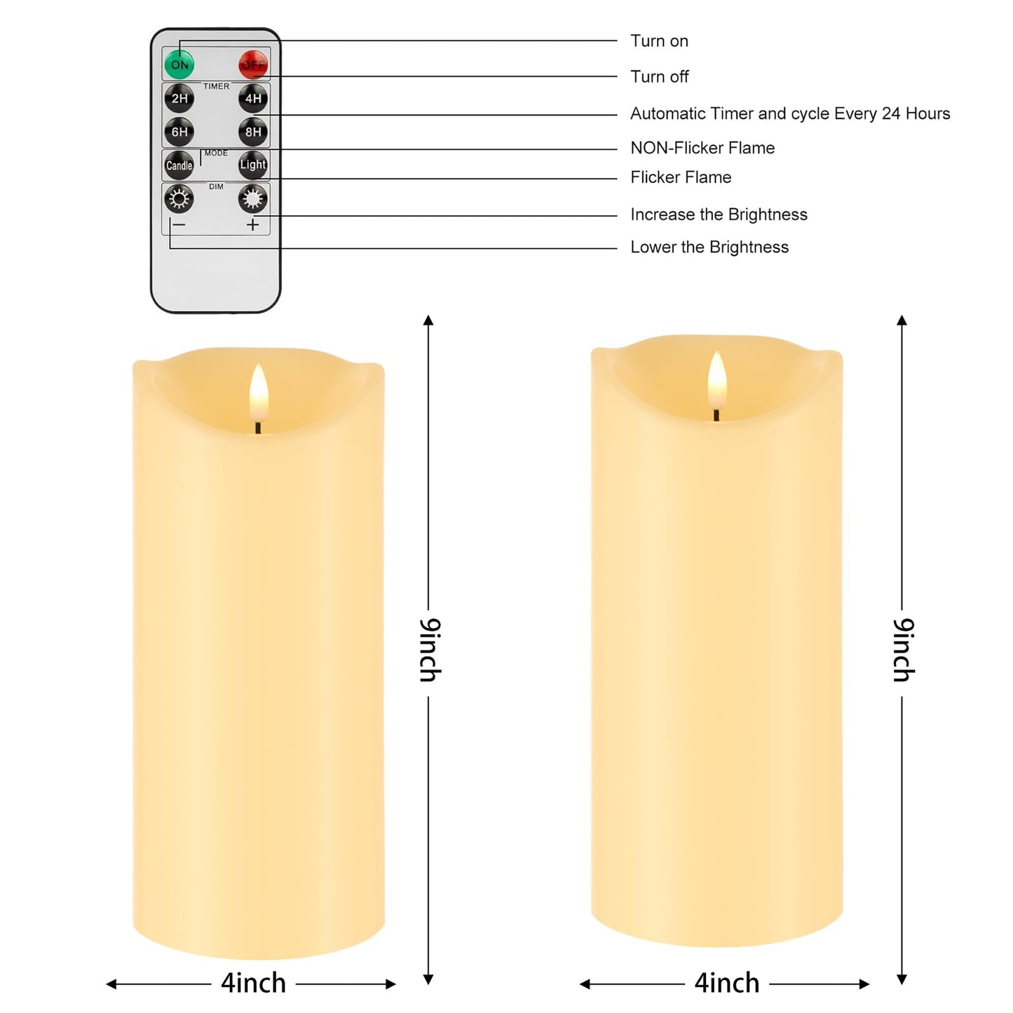 Mingfuxin Outdoor Flameless Candles with Remote - 9“×4” Large Waterproof Battery Operated Candles with Timer, Flickering LED Pillar Candle for Indoor Outdoor Larterns, Porch, Long Lasting, Set of 2