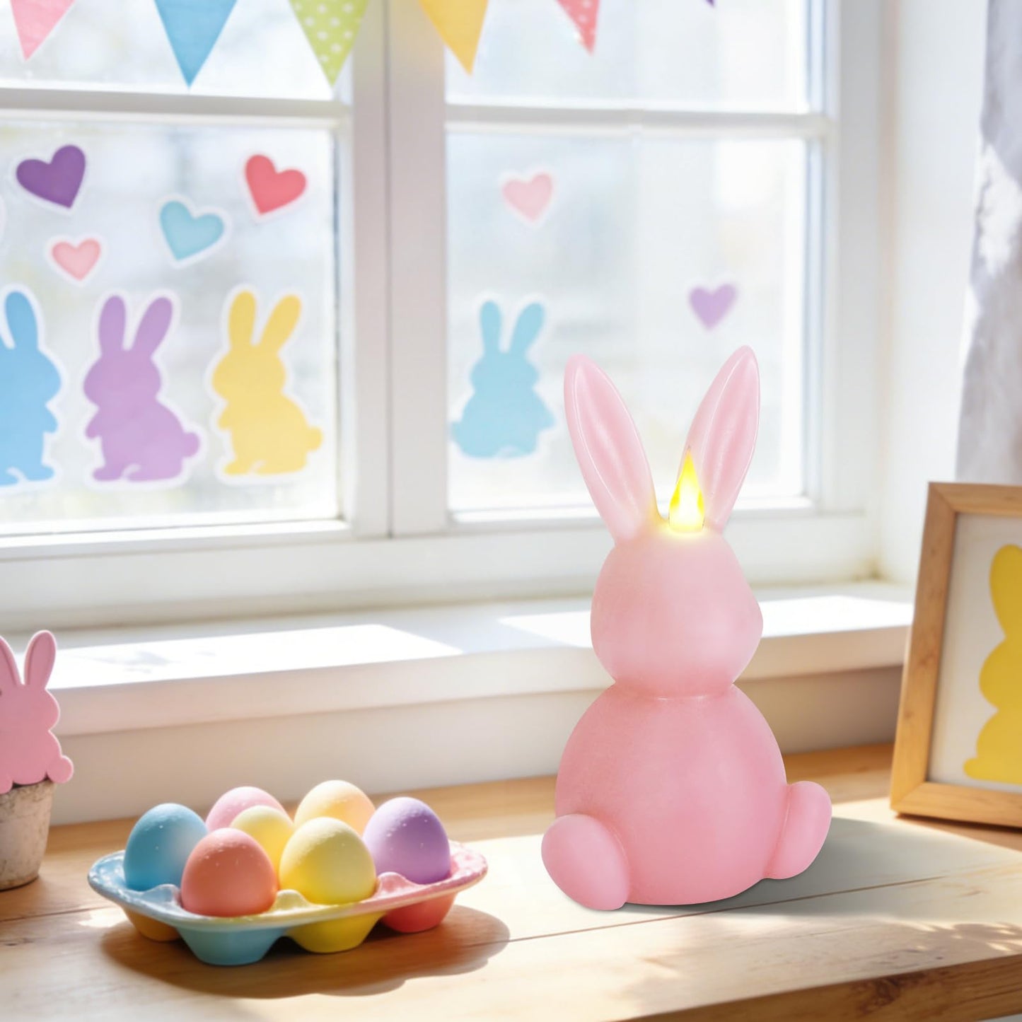 Leorate Pink Easter Bunny Flameless Candles, Real Wax Carved LED Candle Battery Operated, Scented Bunny Shape Easter Decorations Set for Home Living Room Bedroom Party Centerpiece Table Home Decor