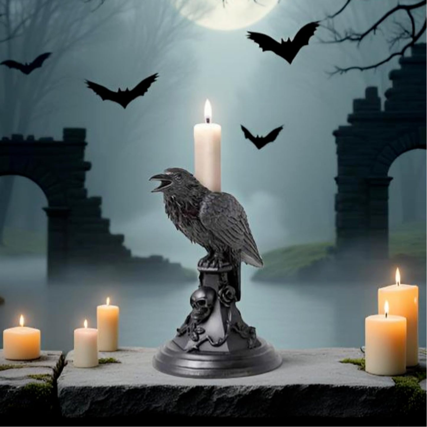 Gothic Black Cat Candle Holder Statue,Resin Cat Candlestick Holder,Halloween Gothic Tabletop Decor for Home,Dining Table & Party,Witchy Cat Figurine Gift (Crow)