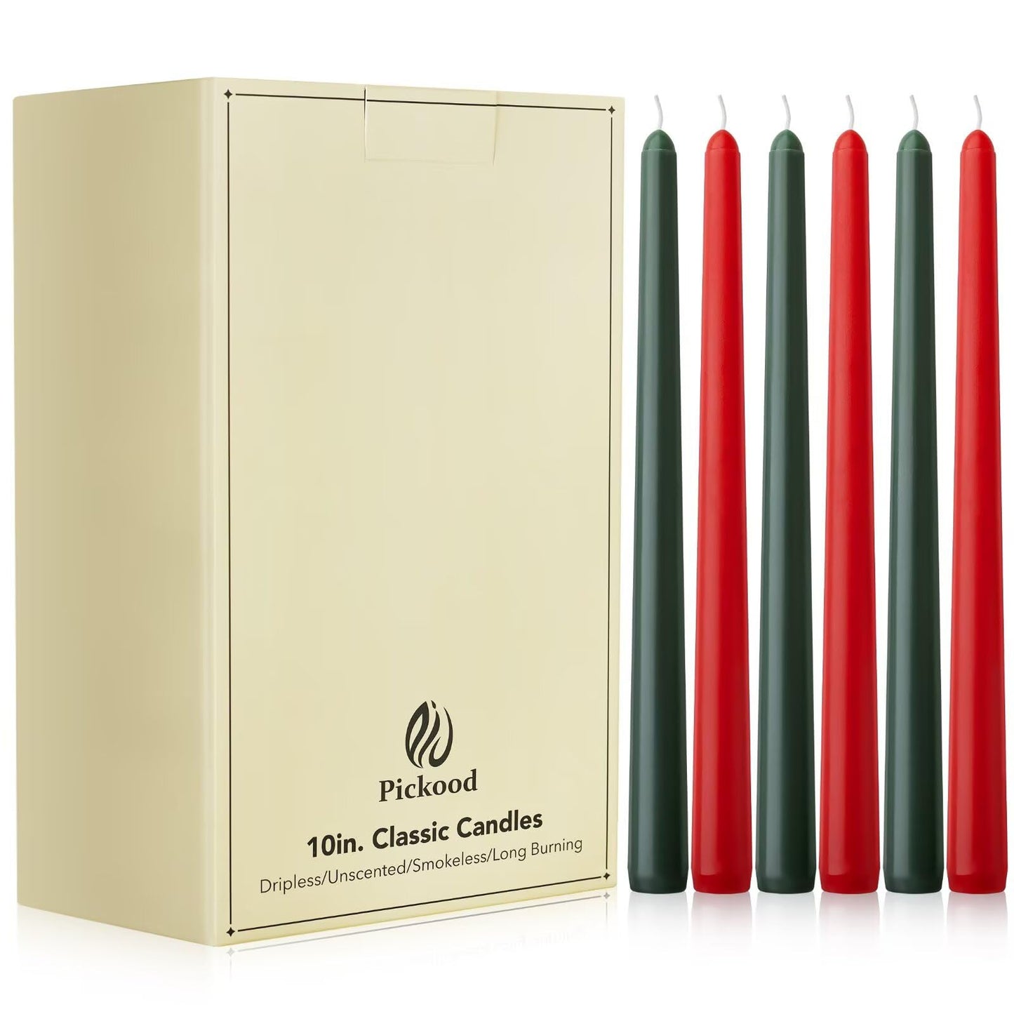 Pickood 10-Inch Unscented Dripless Taper Candles Bulk 30 Pack - Christmas Taper Candles Bulk, for Wedding, Dinner - Smokeless, 6-8 Hour Long Burning - Mixed Candlesticks Bulk - Red and Green