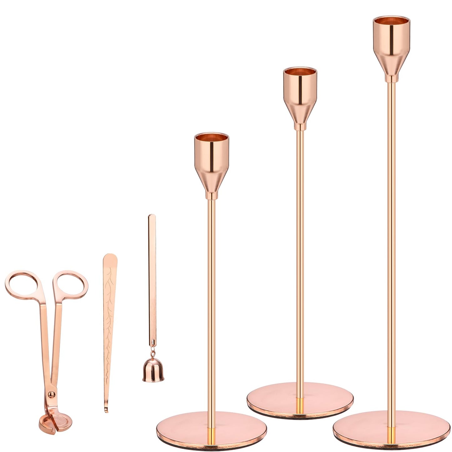 Rose Gold Taper Candle Holders, Candlestick Holders, Candle Holders with 3 in 1 Candle Accessory Set, Metal Candle Stand for Mantle Table Centerpiece, Weddings, Dining, Housewarming(Set of 6)