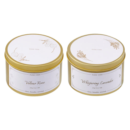 Flexi-Casa Lavender & Rose Aromatherapy Candle Set, 2 Pack Floral Soy Wax Tin Candles, Long Lasting Scented Candles for Home, Relaxation, Stress Relief, Travel Size Gifts for Women