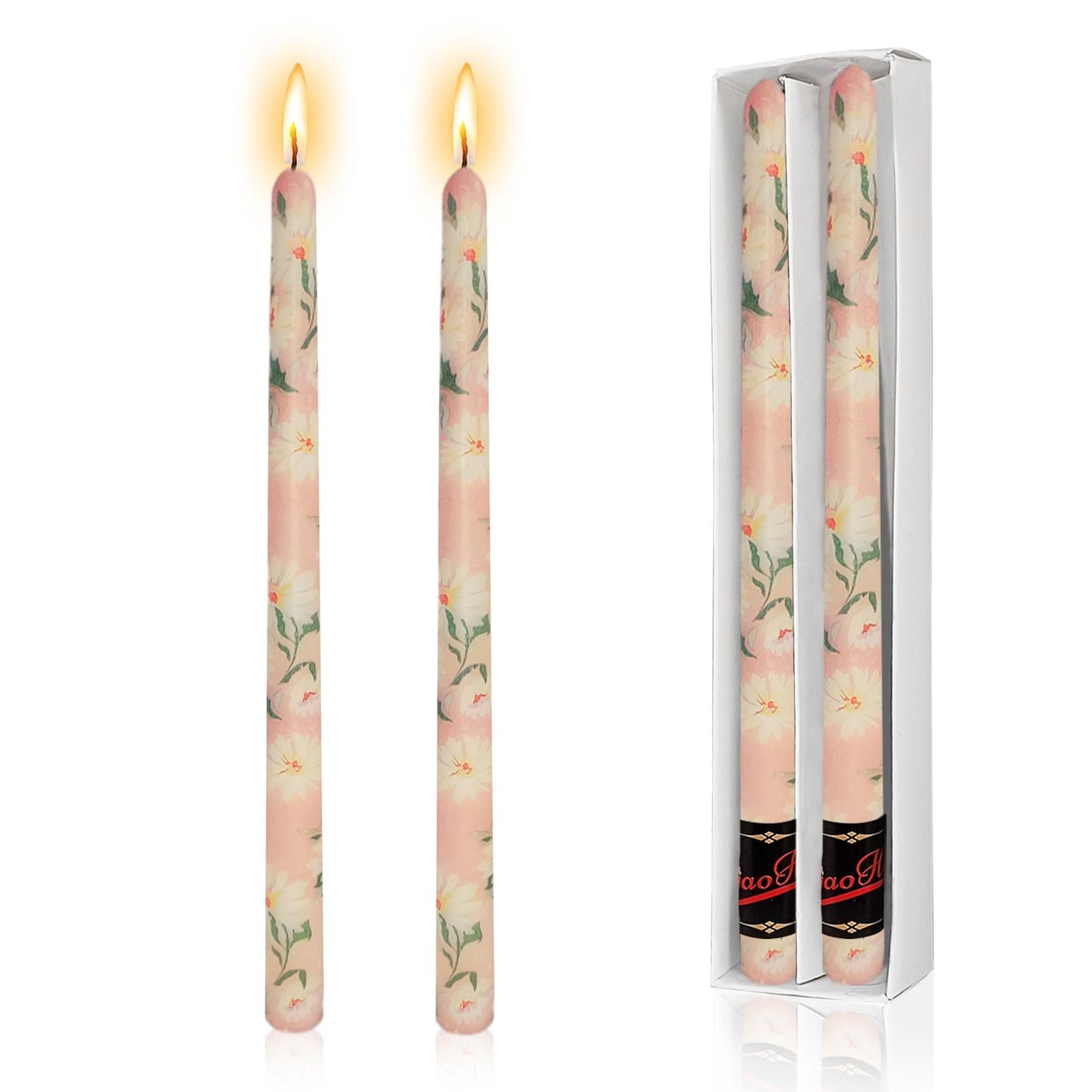 NJAO HOO Flower Candlesticks 10 in Straight Taper Candles Pink Hand Printing Daisy Candlesticks Floral Tall Tapered Candle for Home Garden Decor Simple Modern, 2Pcs