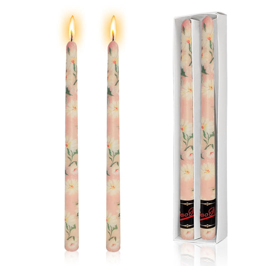 NJAO HOO Flower Candlesticks 10 in Straight Taper Candles Pink Hand Printing Daisy Candlesticks Floral Tall Tapered Candle for Home Garden Decor Simple Modern, 2Pcs