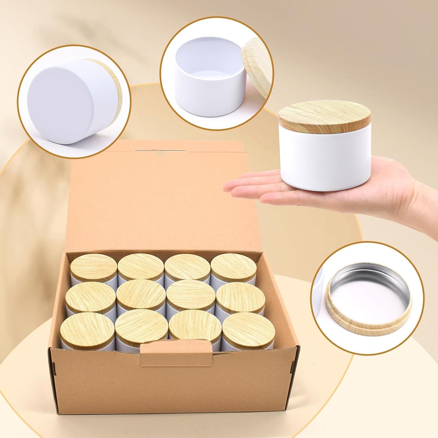 YJHSS 24-Pack 8oz Candle Tins with Wood-Grain Printing Lids, Metal Candle Jars for Candle Making, Empty Containers Vessels Bulk for Small Business & Beginners DIY Storage -Wood White