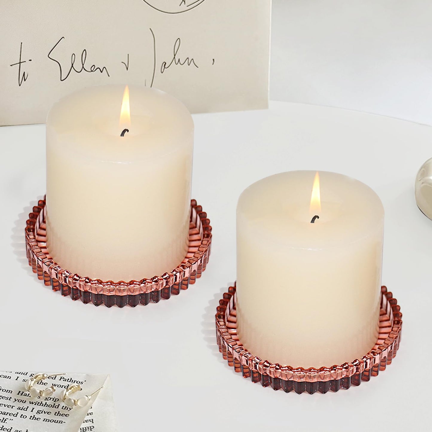 CHOCSTAY Glass Pillar Candle Holder, 4" Candle Plates Set of 3, Glass Candle Holders for Wedding, Party, Holiday, Home Decor, Table Centerpiece