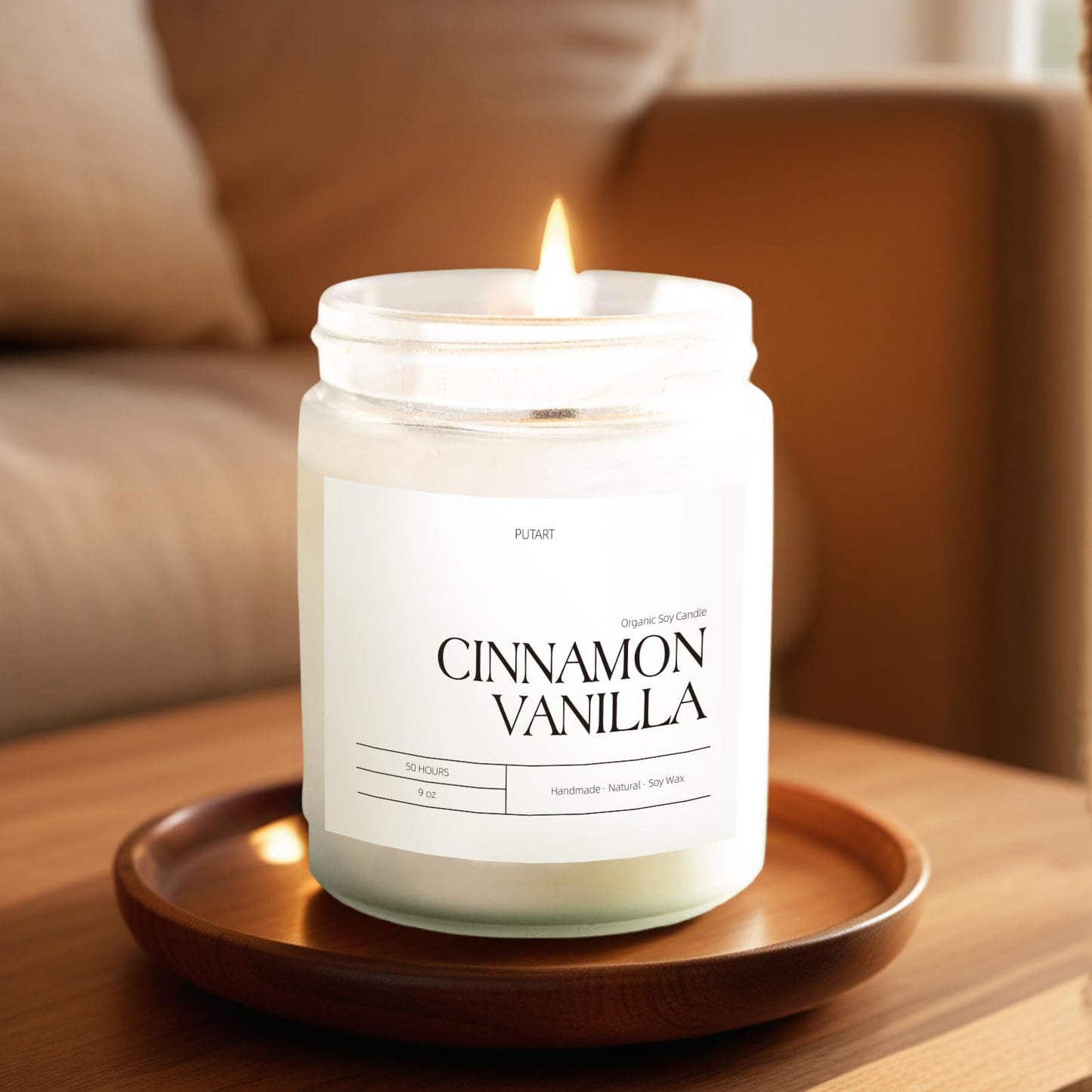 Putart Cinnamon Vanilla Candles for Home Scented, Natural Soy Wax Aromatherapy Non Toxic Heavy Scented Candle with Essential Oil, Home Fragrance Stress Relief Jar Candles Gifts for Women & Men 9oz