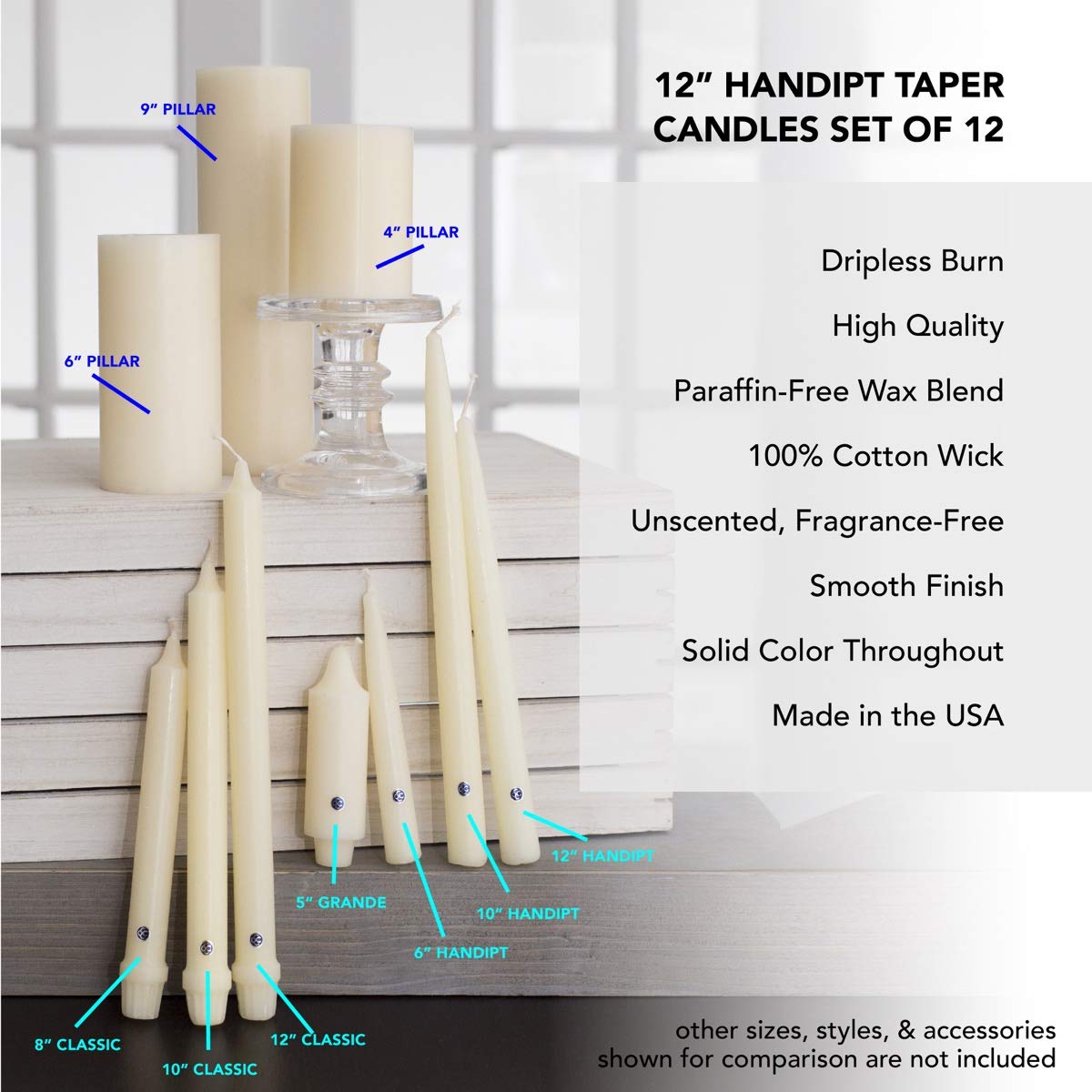 Colonial Candle Unscented Taper Candle, Handipt Collection, Black, 12 in, Pack of 12 - Up to 10 Hours Burn