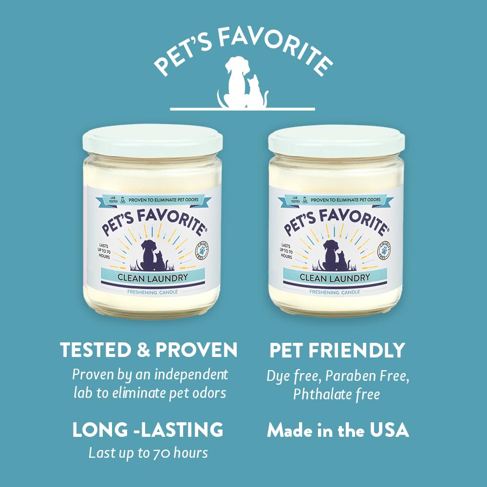 Pet's Favorite Fresh Laundry Pet Odor Candle, Clean Burning, Long Lasting Plant Based Soy Candles with a Natural Fiber Wick and 70 Hour Burn Time, Pack of 2