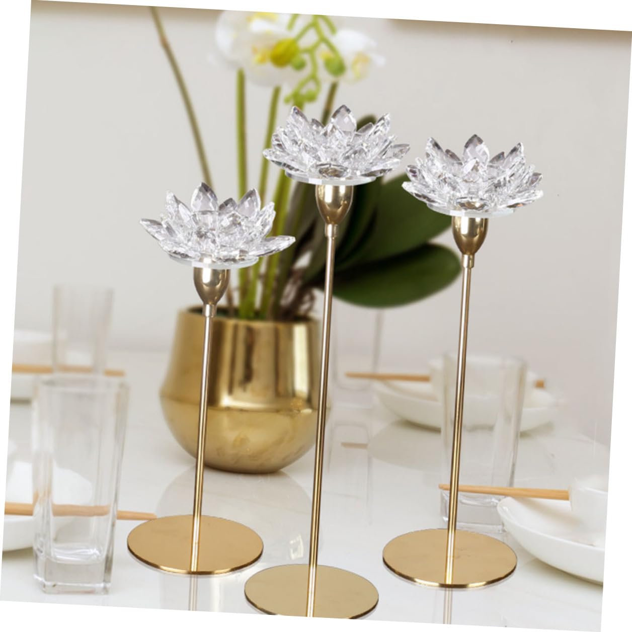 Tofficu Crystal Lotus Candlestick Small Metal Candle Holder Gold Wedding Dining Room Decorative Candlestick Stand