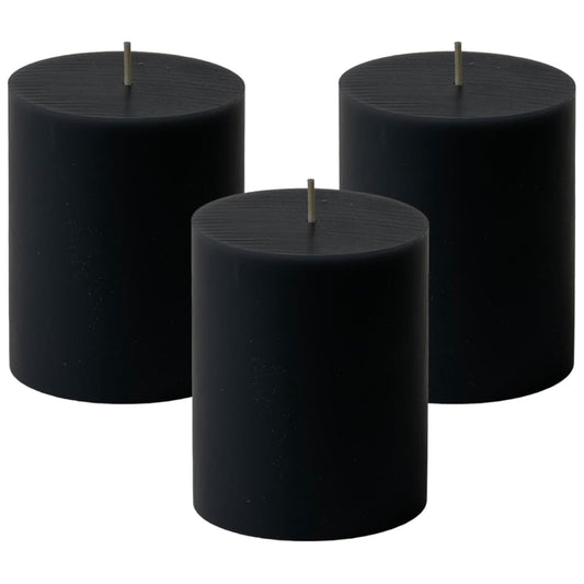 Mister Candle Dripless Unscented Black Pillar Candles, Set of 3 Hand Poured Solid Color Non-Scented Candles for Home Decor, Premium Wax, 60 Hr Burn Time - 3x4 Inch, Black