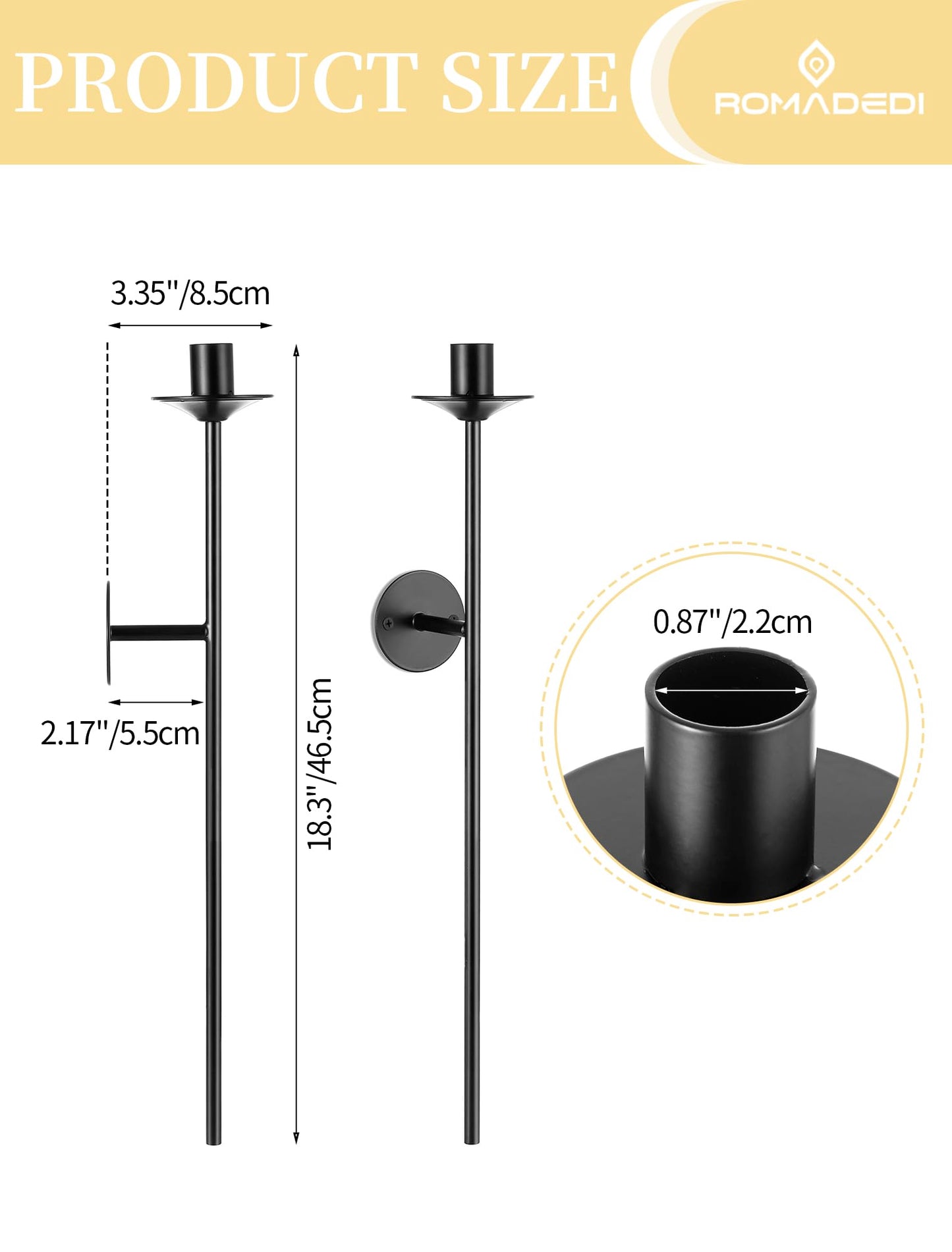 Romadedi Wall Candle Sconce Black - Set of 2 Mount Metal Wall Sconces for Candlestick Taper Holders for Farmhouse Living Room Mantel Fireplace Bathroom Office Decor