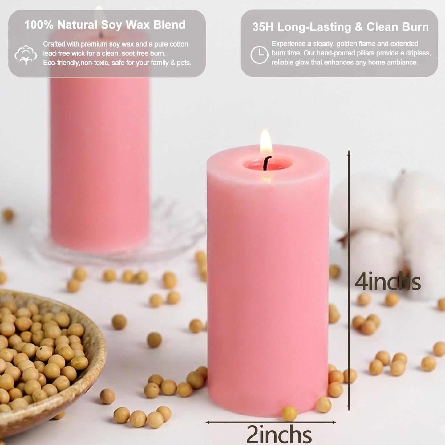 Uniteland Pink Rose Scented Pillar Candles Set of 3, Soy Candles for Mother's Day,105 Hours Aromatherapy Candle Clean Burning for Bathroom Living Room,2x4 inch
