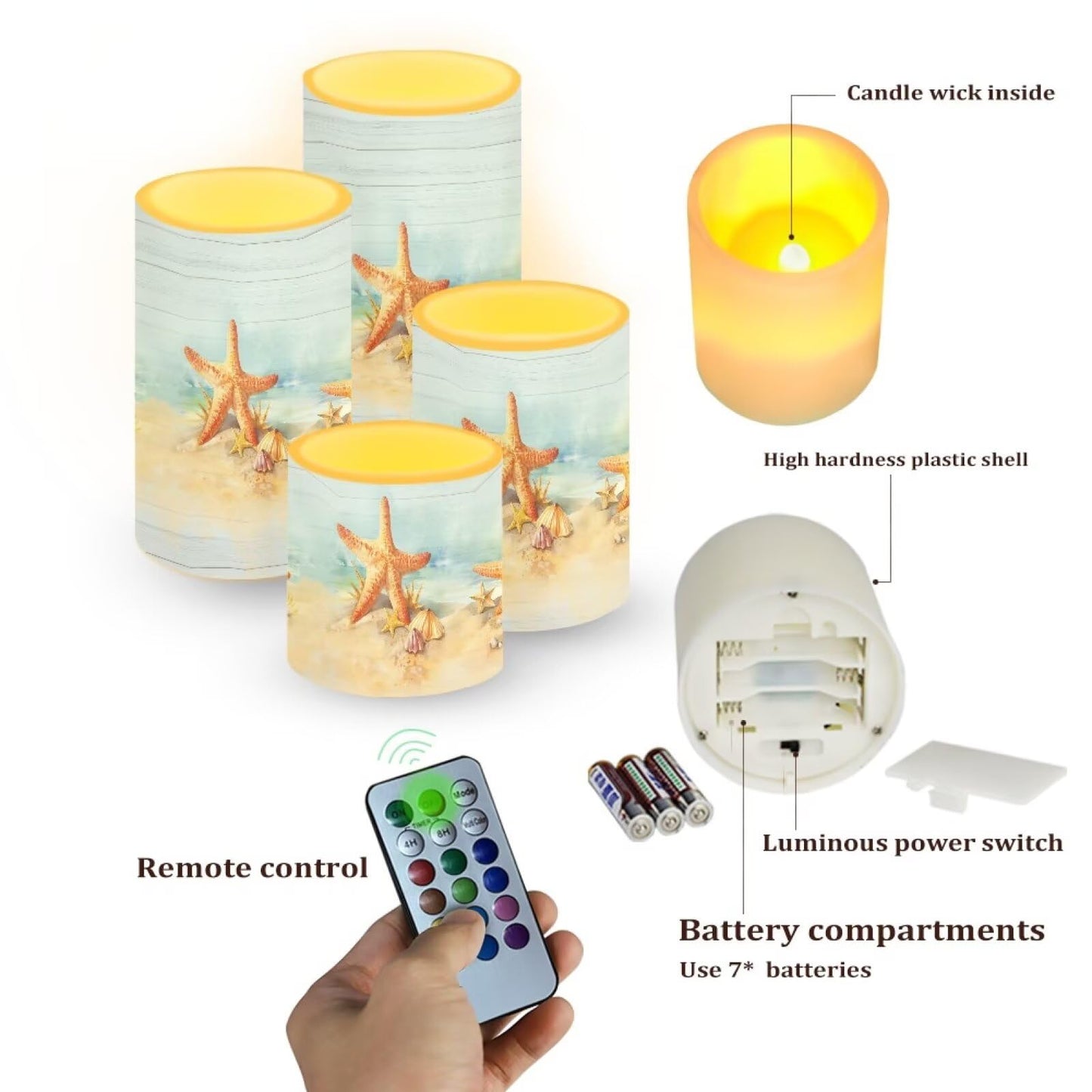 Merkmak Starfish Flameless Candles with Remote and Timers Flickering Battery Operated Candles 4 Pack Outdoor Flameless LED Pillar Lights for Beach Wedding Coastal Room Home Decoration
