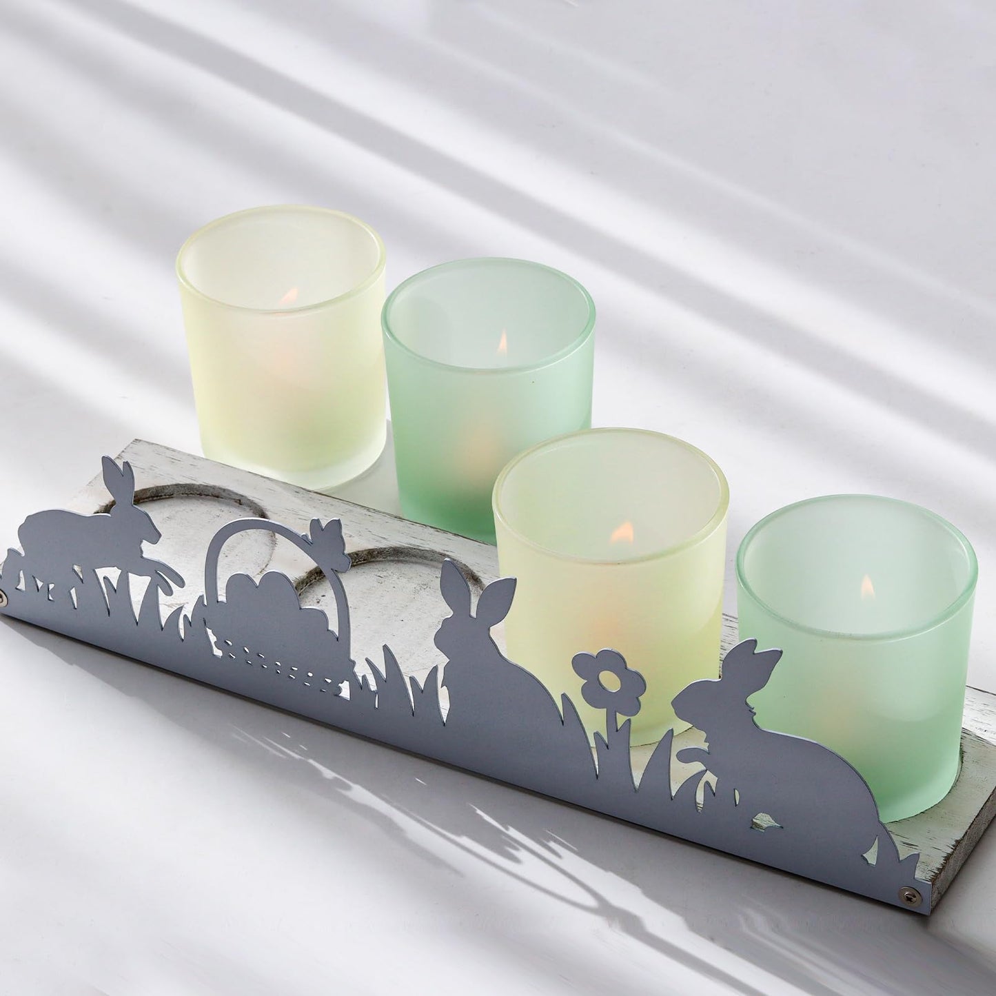 SYFURNIX Spring Votive Candle Holder Set, Includes 4 Glass Candle Holders & 1 Wooden Tray with Metal Bunny Decor for Table Centerpiece Decorations and Indoor Outdoor Home Decor