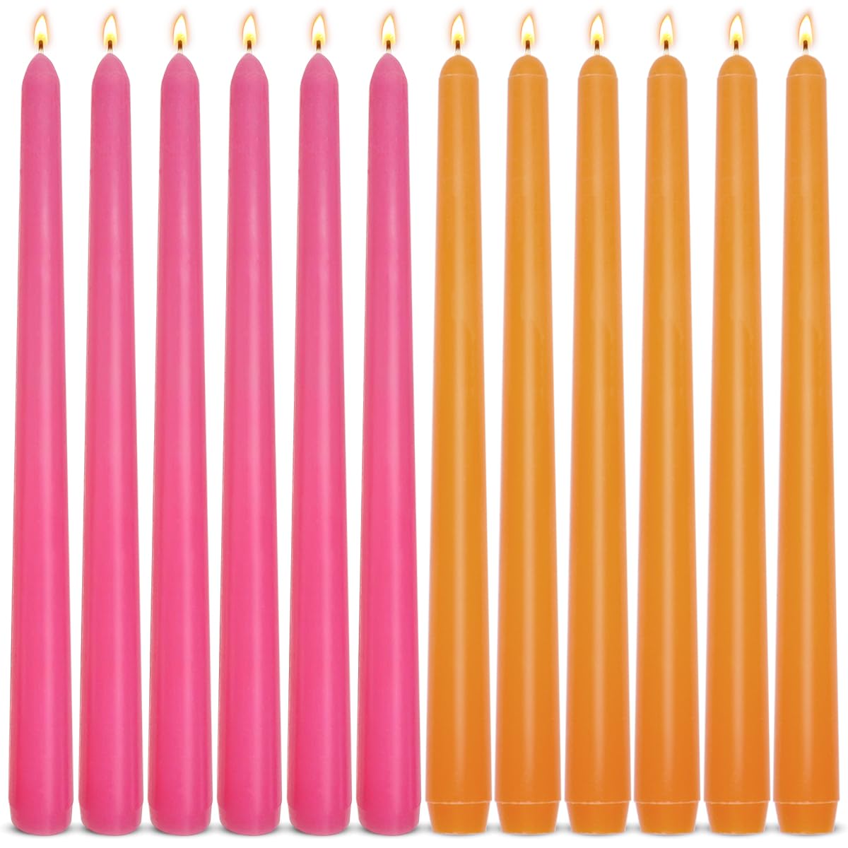 6-Pack Orange and 6-Pack Hot Pink Taper Candles, 10 Inch Unscented Dripless Candlesticks, Long-Lasting Burn Time of 7-8 Hours, Perfect for Home Décor Dinner Party