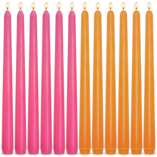 6-Pack Orange and 6-Pack Hot Pink Taper Candles, 10 Inch Unscented Dripless Candlesticks, Long-Lasting Burn Time of 7-8 Hours, Perfect for Home Décor Dinner Party