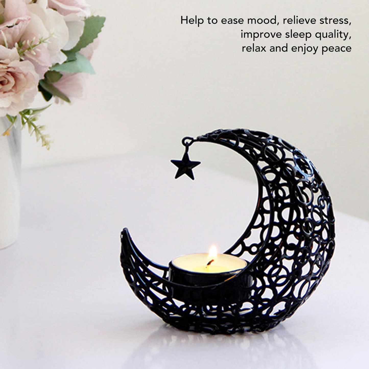 Candle Holder, Moon Candle Holder, Hollowed Iron Candle Holder, Ornament Weddings, Christmas Decoration, Dining Table, Coffee Table (Black)